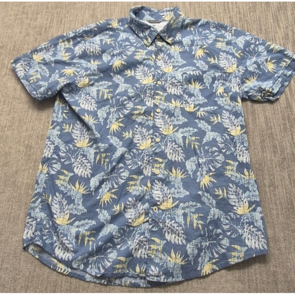 IZOD Saltwater men's blue tropical‎ print button up shirt XL 100% Cotton pocket